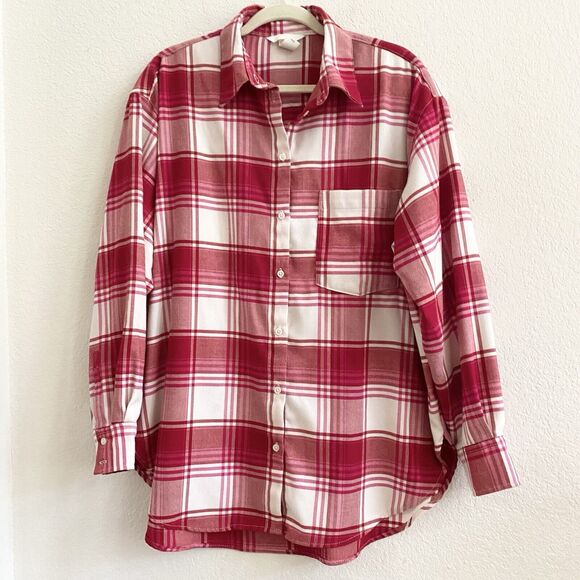 H&M Women's Button Down Red Shirt Size Medium Long‎ Sleeve Plaid Top Blouse - Picture 5 of 10